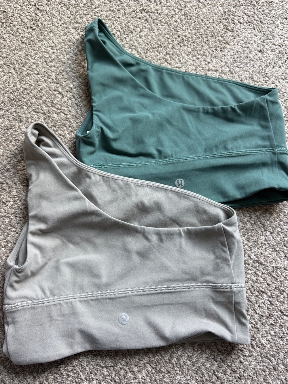 lululemon athletica One-Shoulder Sports Bras in Green and Light Gray